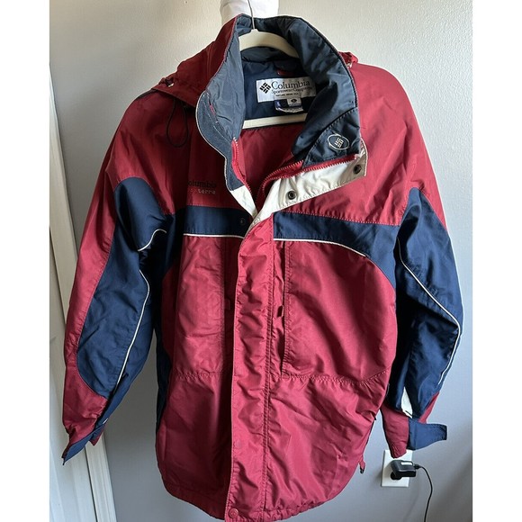 Columbia lightweight Blue Red Jacket mens Large Full zip Lined Hooded Coat EUC - Picture 1 of 8